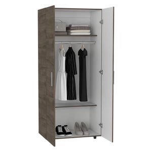 Closet Carlota, Nogal y Blanco, con un tubo cromado y tres entrepaños