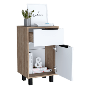 Mesa de Noche Wesley, Miel y Blanco, Con una puerta y un cajón organizador