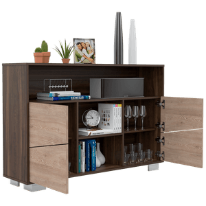 Mesa Auxiliar Recibidor Aureli, Caoba y Miel, con cuatro puertas y patas de acero