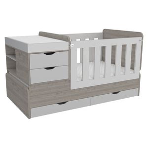 Cama Corral Praga, Humo y Blanco, con dos cajones multiusos y barandas de seguridad